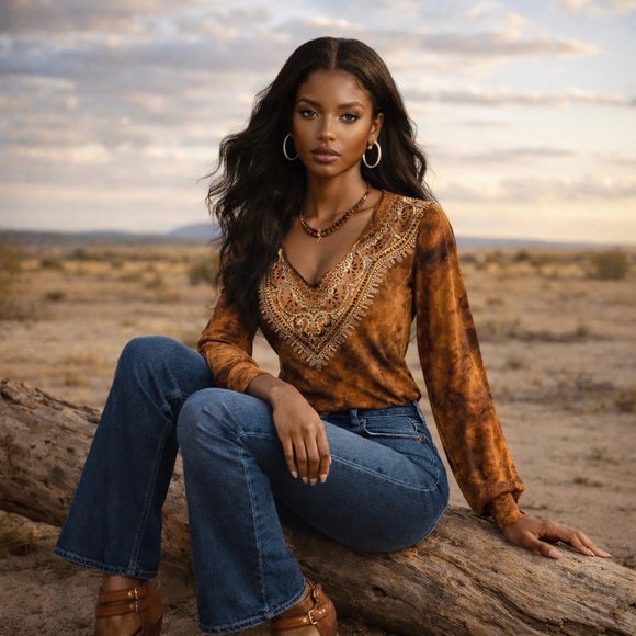 Mixit Tops - Mixit Brown Tie-Dye Blouse with Bead Embellishments - Size S